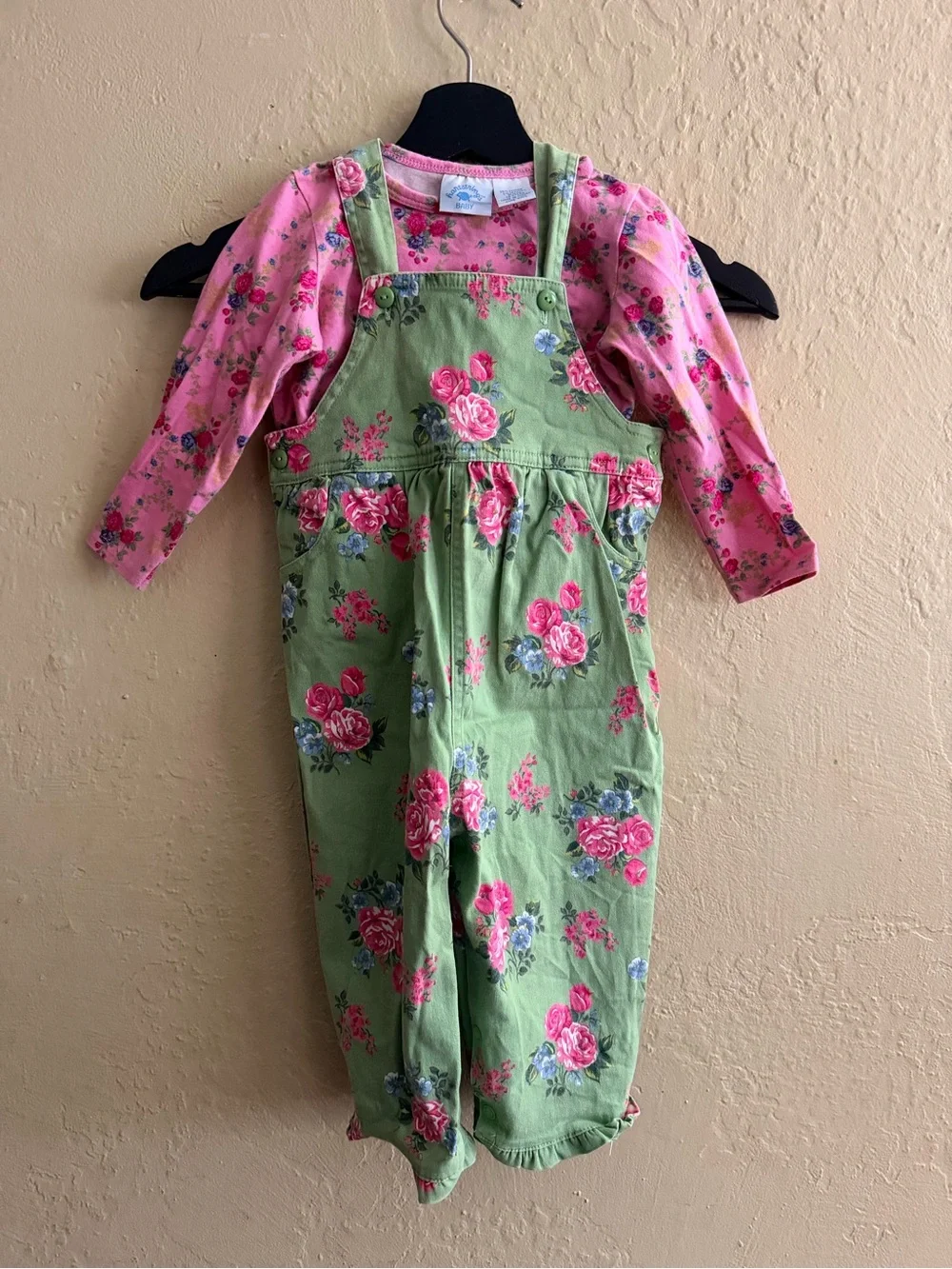 Hartstrings Pink Floral Tee with Green Rose-Print Overalls